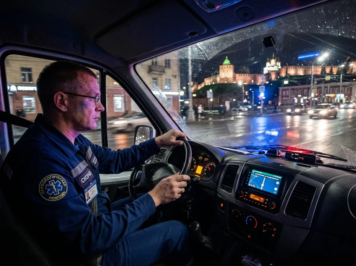 Нарколог едет на вызов ночью в автомобиле скорой помощи по ночному Нижнему Новгороду — срочная медицинская помощь